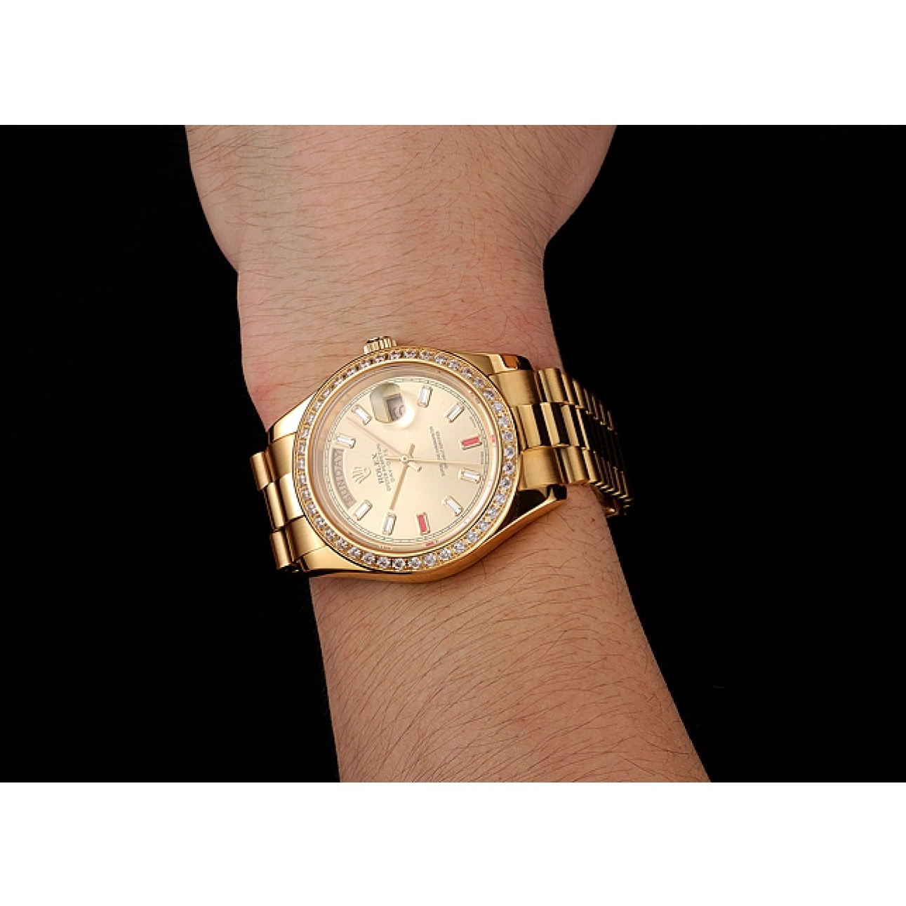 Aaa replica watch Rolex And Diamonds Champagne Dial Gold Swiss Rubies Bracelet Day-Date 1454100 0707